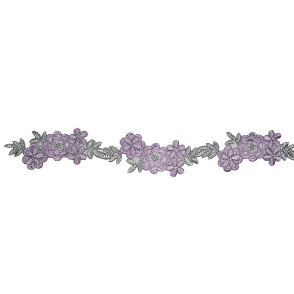1.75" Embroidered Floral Lavender with Silver Metallic by Yard (1.75" Lavender)
