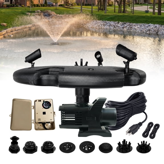 Half Off Ponds Floating Fountain, 1.75 HP, 14800 GPH, 200 ft Cord, 11 Patterns, Color Lights, Control Box
