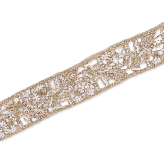 1.75 Inch Floral Beaded Sequined Metallic Corded Embroidery On Mesh Trim for Sewing, Costumes, Crafts, and Décor – Sold by the Yard (10 Yards, Gold)