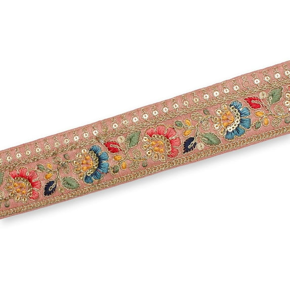 1.75 Inch Multicolored Metallic Corded Sequin Embroidery On Two Tone Trim For Sewing, Crafts, Decor, or Upholstery Projects - Peach 1 Pack (9.8 Yards / 9 Meters)