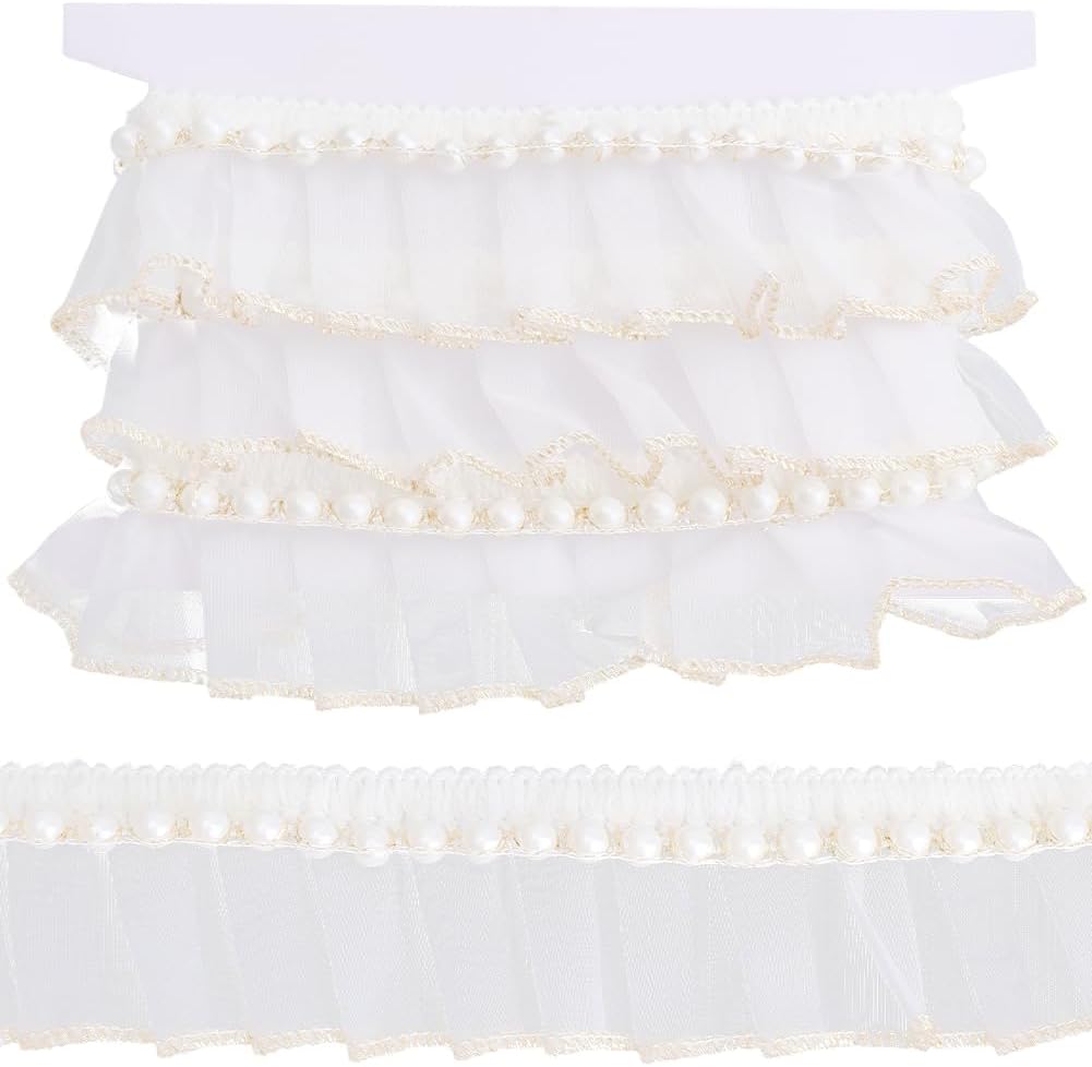 1.75 Inch White Organza Ruffle Trim with Pearls Sheer Gathered Ruffled ...