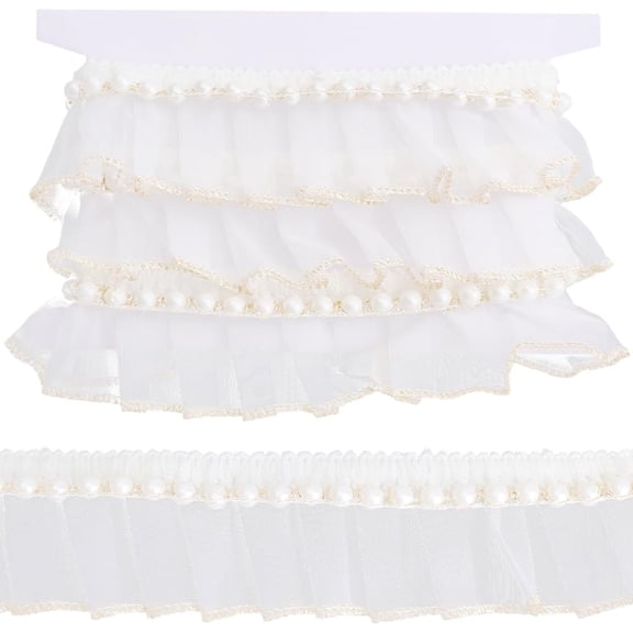 1.75 Inch White Organza Ruffle Trim with Pearls Sheer Gathered Ruffled Pearl Edge Lace Applique Trimming Chiffon Pleated Fabric Ribbon