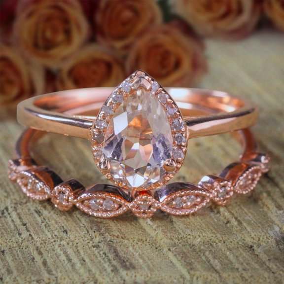 1.75 carat 8x5mm Pear shape Morganite and Diamond Moissanite Halo Bridal Wedding Ring Set Antique Design with 18k Gold Plating