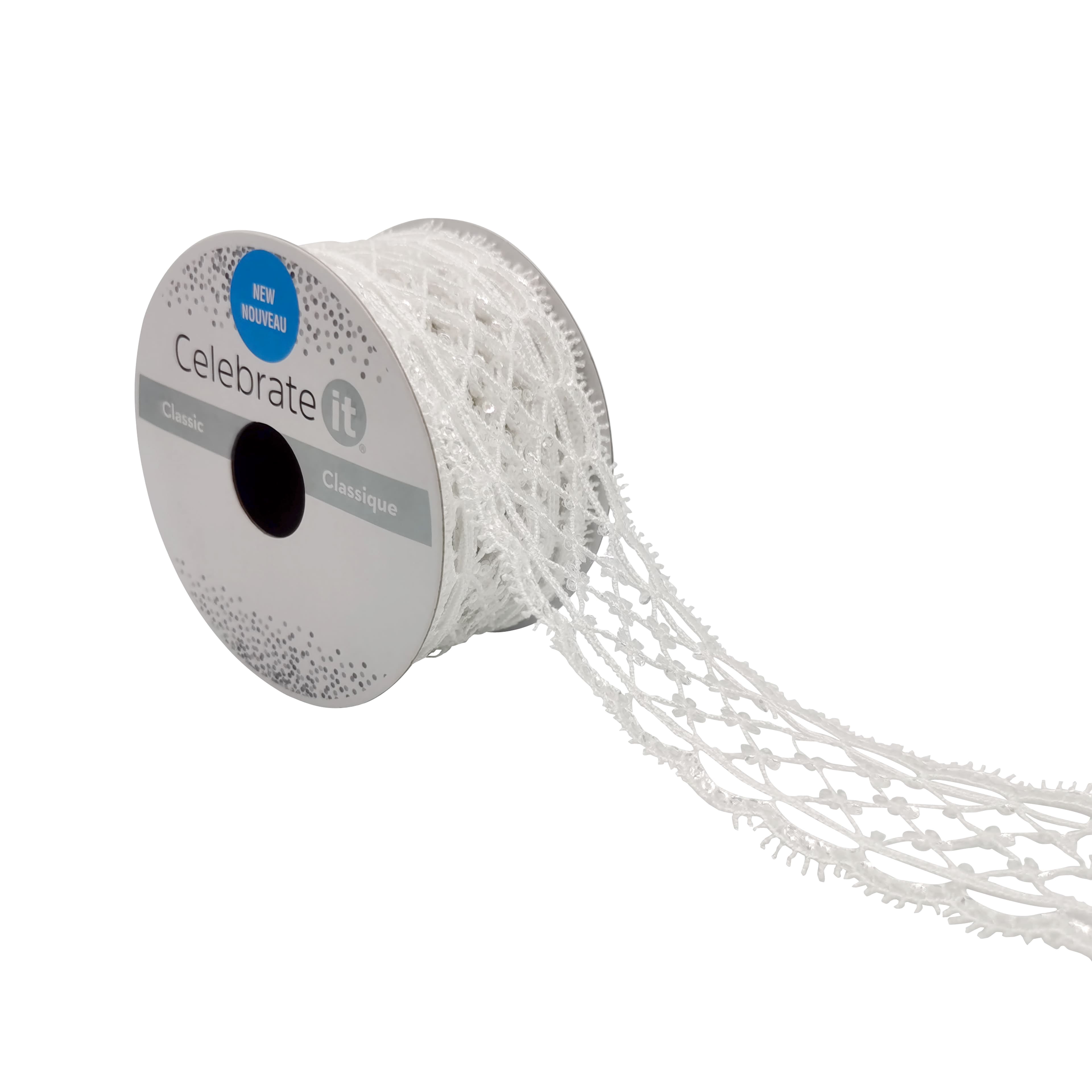 1.75" x 2yd. White Lace Sequined Ribbon by Celebrate It – Non-Wired Polyester - Ideal for Gift Wrapping - Baskets & Decor Accents - 12 Pack