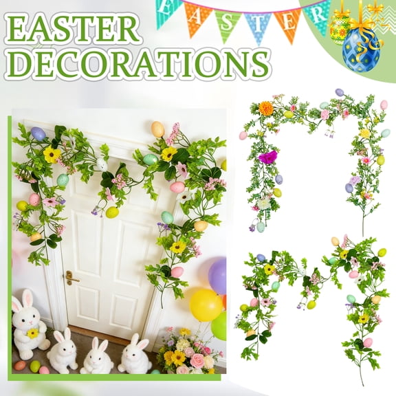 1.75M Easter Rattan Garland, Artificial Seaweed With Painted Eggs, Rustic Spring Decor For Home Porch Garden Fireplace Stair Railings Tabletop Party Crafts