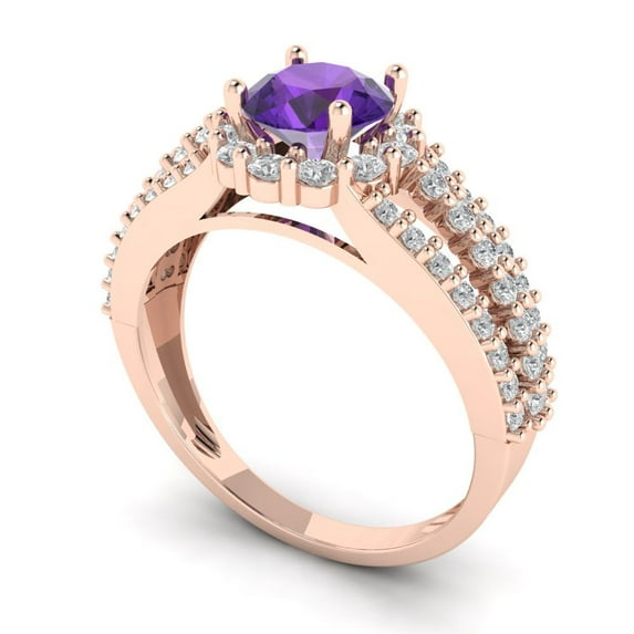 1.76 ct round cut purple natural amethyst 14k rose gold halo Bridal Wedding Engagement Promise Anniversary Ring for Women size 10.25