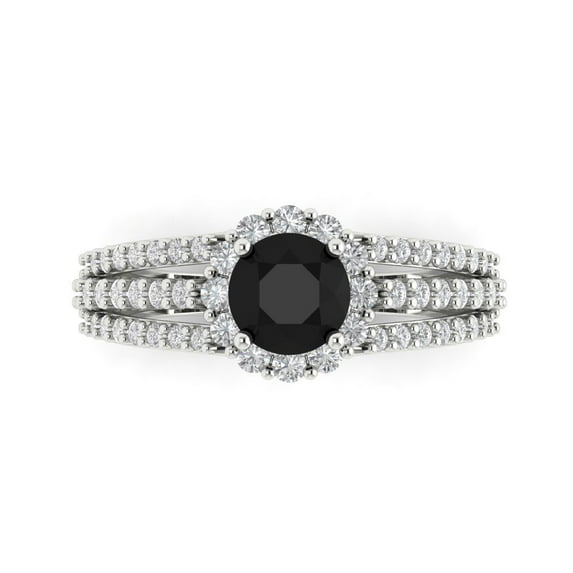 1.76ct Round Cut Black Natural Onyx 18k White Gold Engraving Statement Bridal Wedding Halo Designer Ring Size 9.5