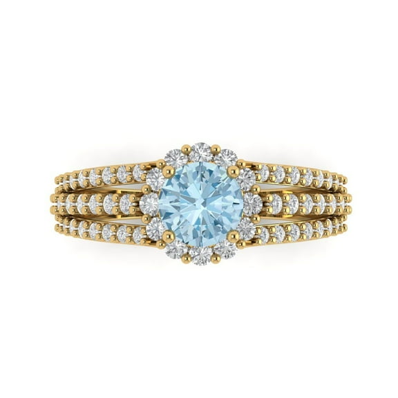 1.76ct Round Cut Blue Crystal 14k Yellow Gold Engraving Statement Bridal Wedding Halo Designer Ring Size 7.5