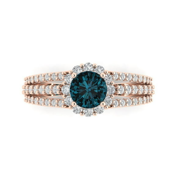 1.76ct Round Cut Blue Natural London Blue Topaz 18k Pink Rose Gold Engraving Statement Bridal Wedding Halo Designer Ring Size 5