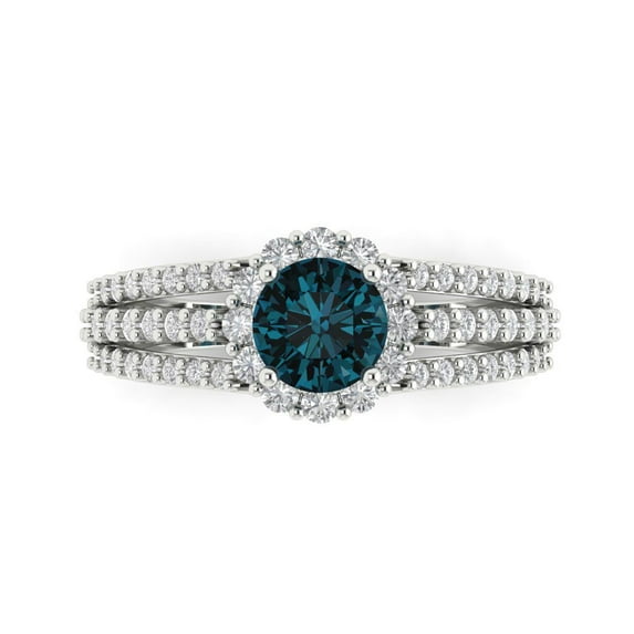 1.76ct Round Cut Blue Natural London Blue Topaz 18k White Gold Engraving Statement Bridal Wedding Halo Designer Ring Size 4.5