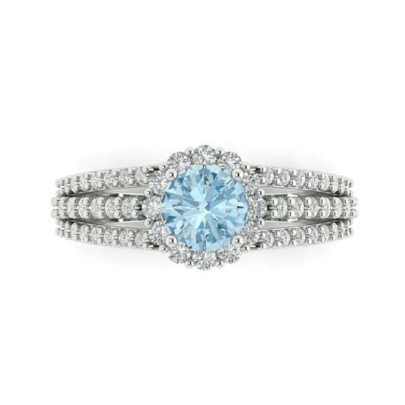 1.76ct Round Cut Blue Natural Sky Blue Topaz 18k White Gold Engraving Statement Bridal Wedding Halo Designer Ring Size 10.5