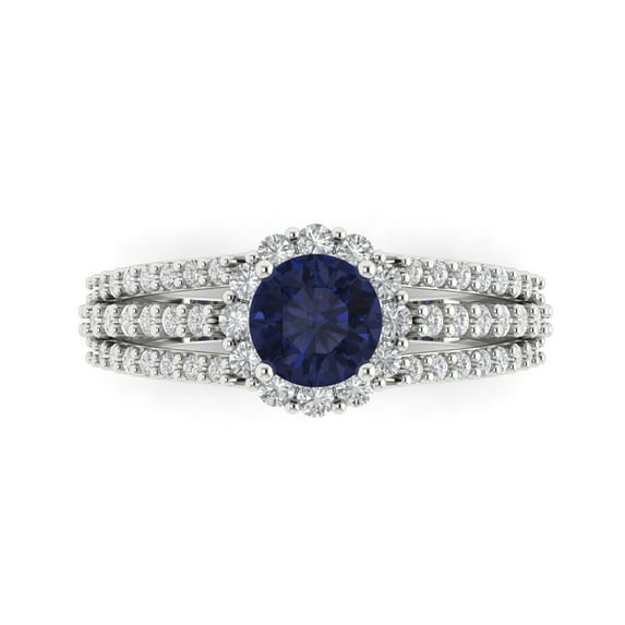 1.76ct Round Cut Blue Sapphire 18k White Gold Engraving Statement Bridal Wedding Halo Designer Ring Size 6