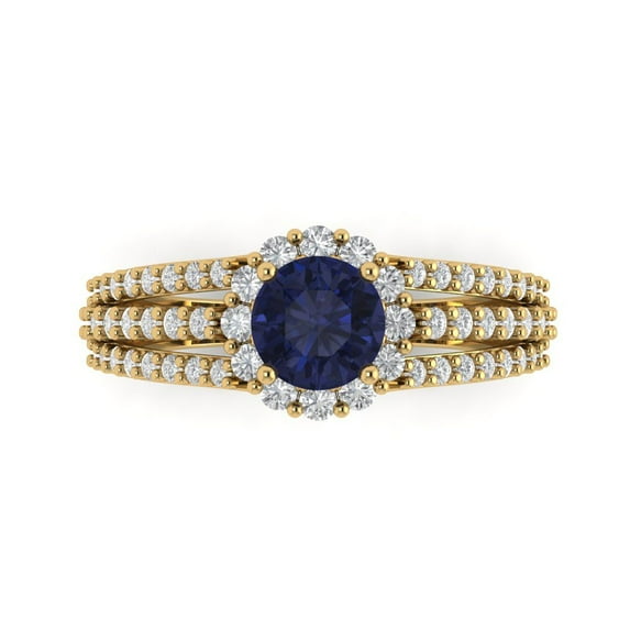1.76ct Round Cut Blue Sapphire 18k Yellow Gold Engraving Statement Bridal Wedding Halo Designer Ring Size 5