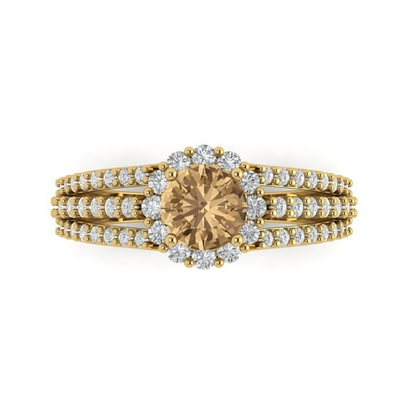 1.76ct Round Cut Brown Champagne Crystal 18k Yellow Gold Engraving Statement Bridal Wedding Halo Designer Ring Size 10