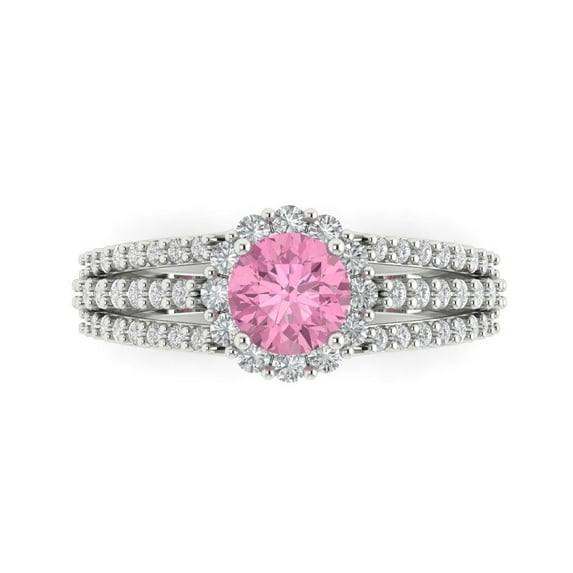 1.76ct Round Cut Pink Crystal 18k White Gold Engraving Statement Bridal Wedding Halo Designer Ring Size 5.5