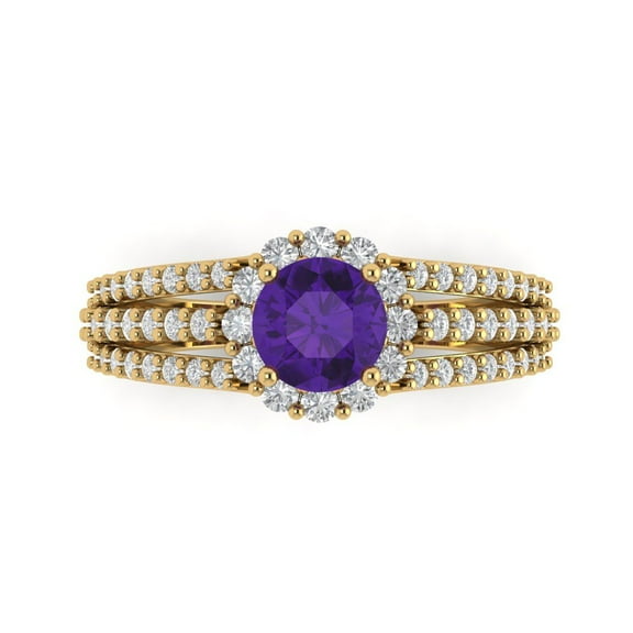 1.76ct Round Cut Purple Natural Amethyst 14k Yellow Gold Engraving Statement Bridal Wedding Halo Designer Ring Size 7.5