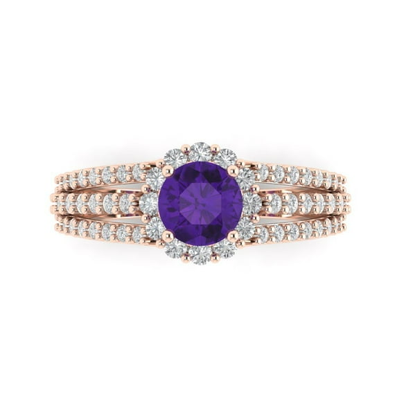 1.76ct Round Cut Purple Natural Amethyst 18k Pink Rose Gold Engraving Statement Bridal Wedding Halo Designer Ring Size 7