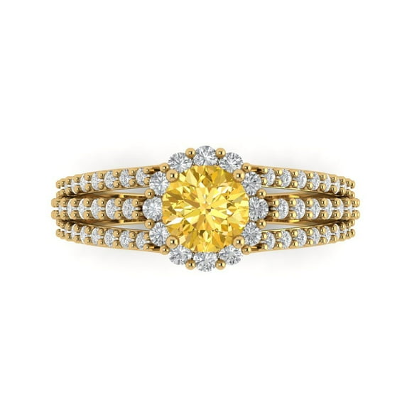 1.76ct Round Cut Yellow Crystal 18k Yellow Gold Engraving Statement Bridal Wedding Halo Designer Ring Size 6