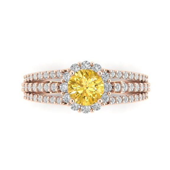 1.76ct Round Cut Yellow Natural Citrine 14k Pink Rose Gold Engraving Statement Bridal Wedding Halo Designer Ring Size 7.5