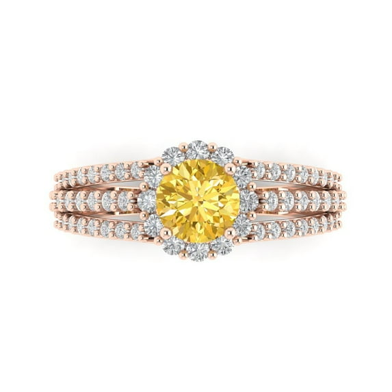 1.76ct Round Cut Yellow Natural Citrine 18k Pink Rose Gold Engraving Statement Bridal Wedding Halo Designer Ring Size 10.5