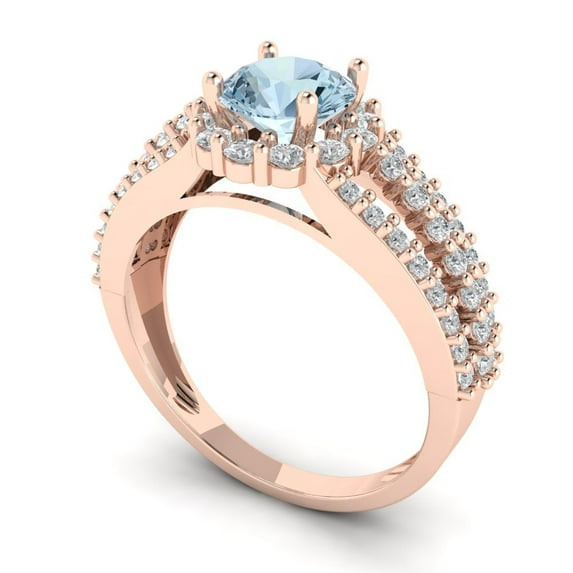 1.76ct round cut blue natural aquamarine 18k rose gold halo Bridal Wedding Engagement Promise Anniversary Ring for Women size 3.75