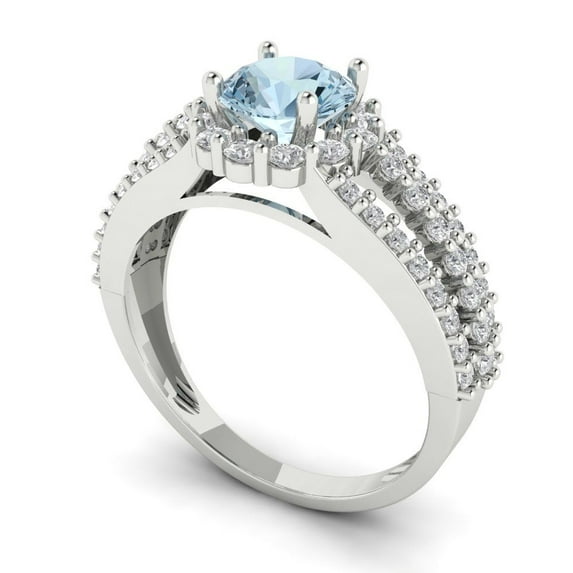 1.76ct round cut blue natural aquamarine 18k white gold halo Bridal Wedding Engagement Promise Anniversary Ring for Women size 10.5