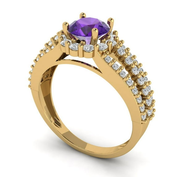 1.76ct round cut purple natural amethyst 18k yellow gold halo Bridal Wedding Engagement Promise Anniversary Ring for Women size 3.75