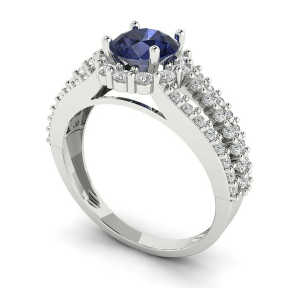 1.76ct round cut blue sapphire 14k white gold halo Bridal Wedding Engagement Promise Anniversary Ring for Women size 9.25