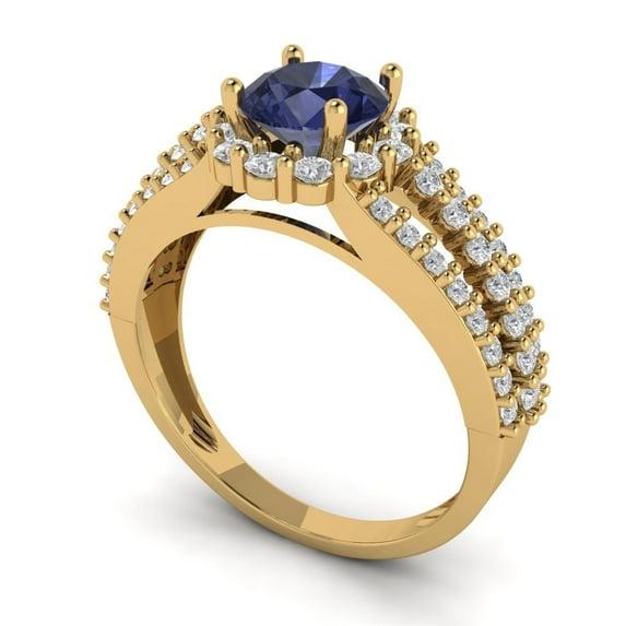 1.76ct round cut blue sapphire 18k yellow gold halo Bridal Wedding Engagement Promise Anniversary Ring for Women size 5.75