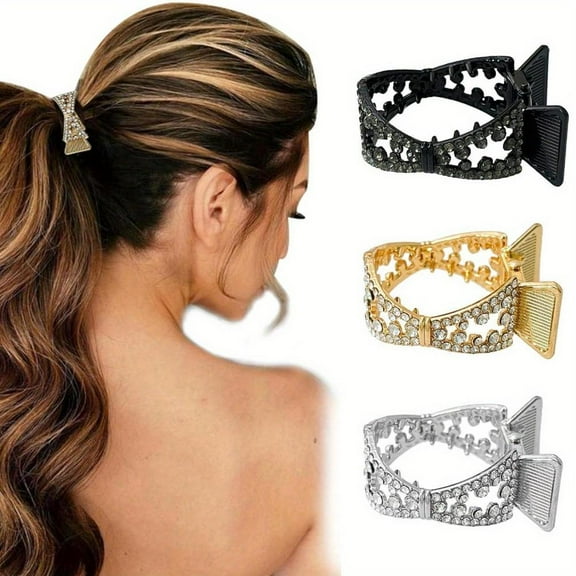 1.77Inch Small Hair Claw Clips for High Ponytail, Rhinestone Shark Hair Clips for Women Thick Long Hair Golden (Pack of 3)