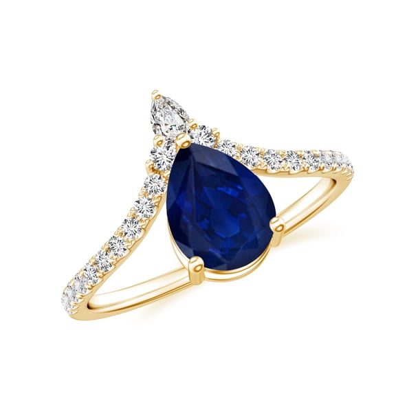 1.78 CT Blue Sapphire Moissanite Tiara Dainty Engagement Ring in Sterling Silver/ Yellow Gold Plated Pear Shaped Curved Wedding Band Ring September Birthstone Jewelry, Ring Size 8