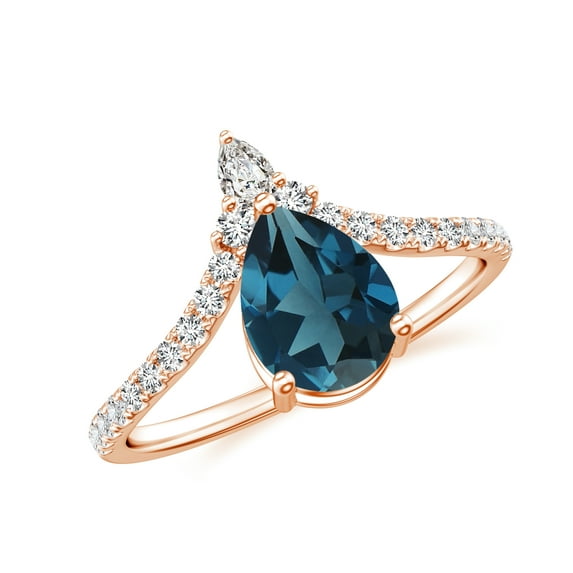 1.78 CT London Blue Topaz Moissanite Tiara Dainty Engagement Ring in Sterling Silver/ Rose Gold Plated Pear Shaped Curved Wedding Band Ring December Birthstone Jewelry, Ring Size 5