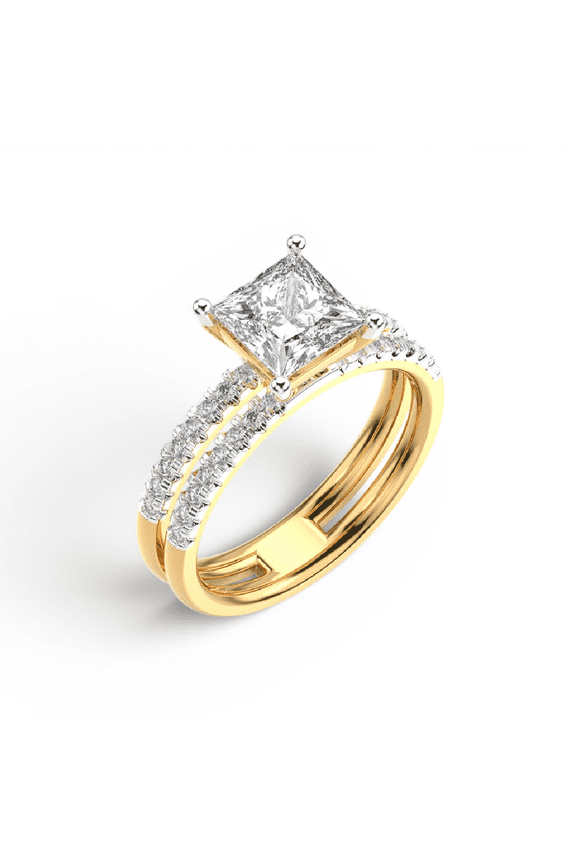 1.79 Carat Princess & Round Cut Diamond Glitter Double Band Engagement Ring For Woman | 14K Yellow Gold Plating Luxury Royal Ring | 925 Sterling Silver Two Tone Classic Ring Gift For Her