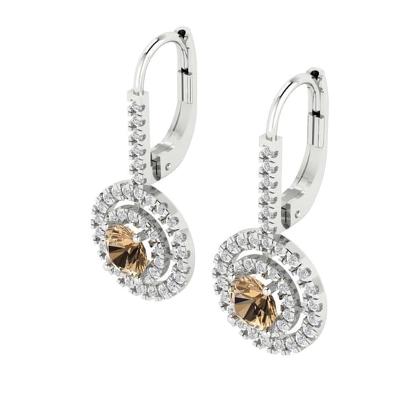 1.79 Ct Brilliant Round Cut Halo Drop Dangle Champagne 14K White Solid Solid Gold Everyday Dainty Earrings Lever Back