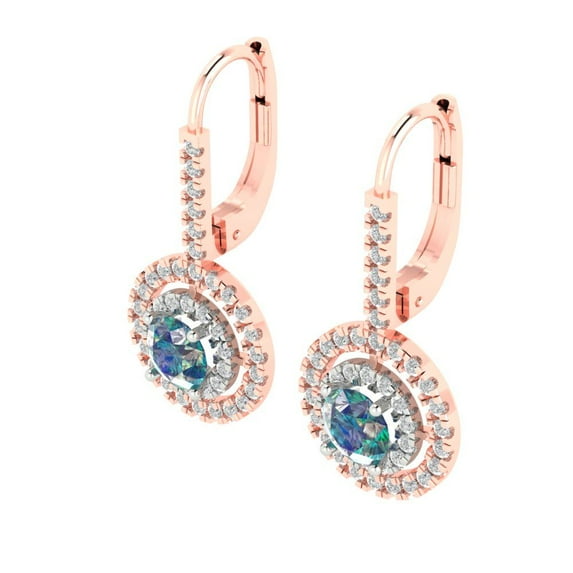 1.79 Ct Round Cut Halo Drop Dangle Blue Moissanite 18K White Rose Solid Solid Gold Everyday Dainty Earrings Lever Back