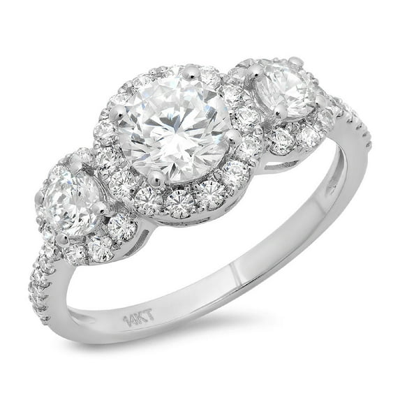 1.79 ct Brilliant Round Cut Genuine Cultured Diamond VS1-VS2 J-K 14K White Gold Halo Three-Stone Promise Wedding Statement Engagement Designer Ring size 7.5