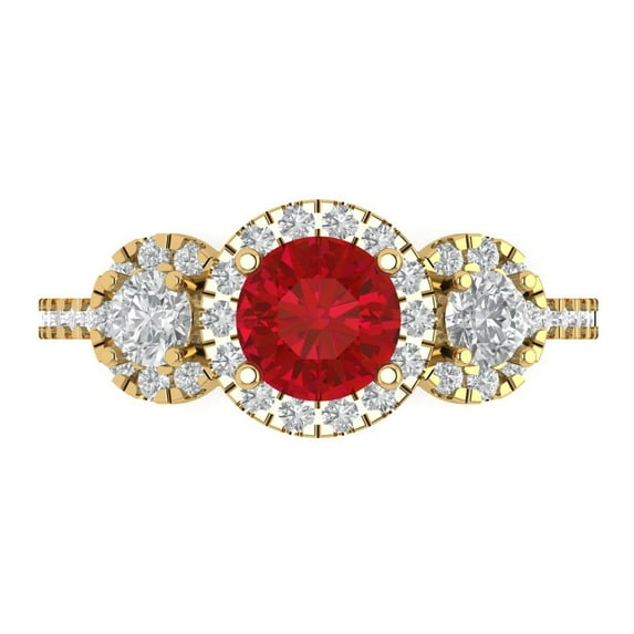 1.46 ct Round Cut Simulated Ruby Three-Stone Engagement Ring for Women in 18K Yellow Gold