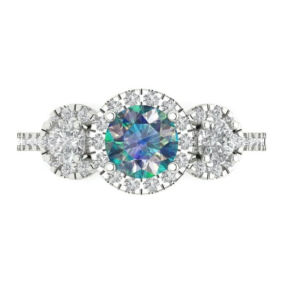 1.46 ct Round Cut Blue Moissanite 3 Stone 18K White Gold Womens Engagement Ring