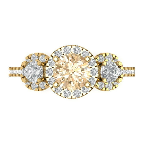 1.46 ct Round Cut Natural Morganite 3 Stone 18K Yellow Gold Womens Engagement Ring
