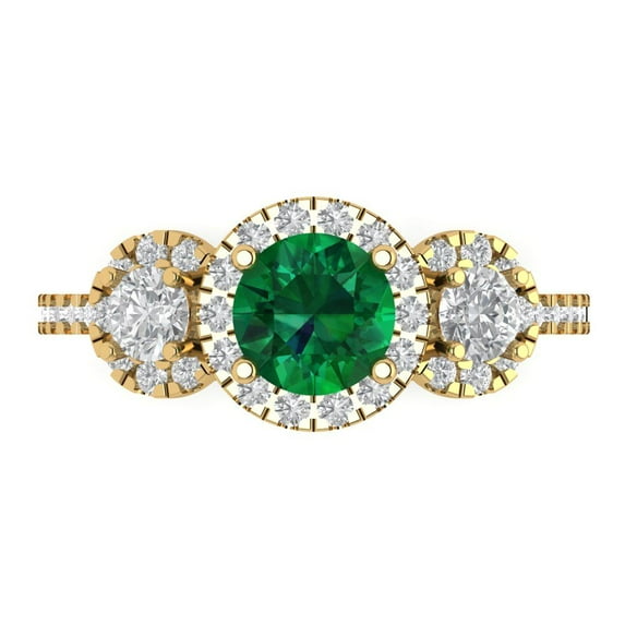 1.46 ct Round Cut Simulated Emerald 3 Stone 14K Yellow Gold Womens Engagement Ring