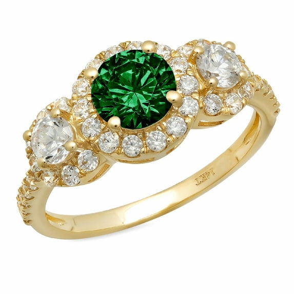 1.46 ct Round Cut Simulated Emerald 3 Stone 18K Yellow Gold Womens Engagement Ring