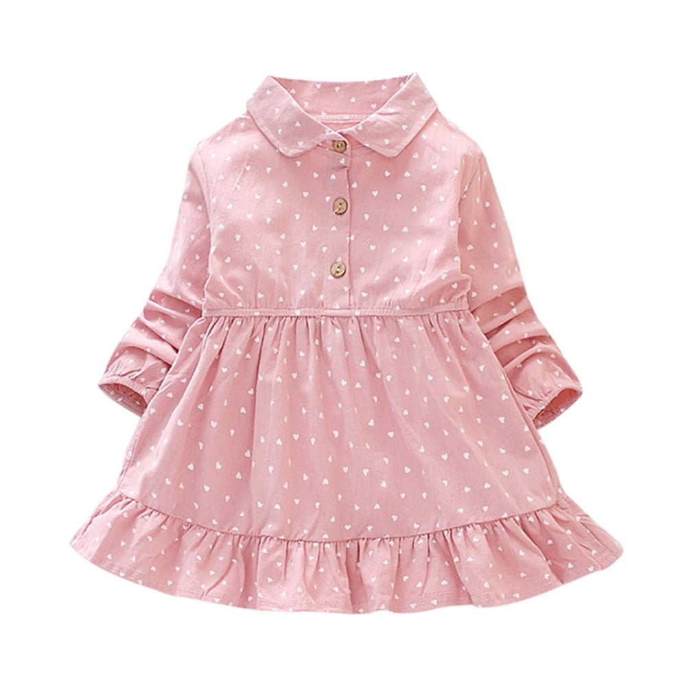 1-7T Kids Girl's Long Sleeve Peter Pan Collar Polka Dot Dress