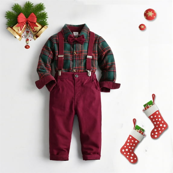 1-7T Toddler Dress Suit Baby Boys Gentleman Clothes Sets Bow Ties Shirts + Suspenders Pants Outfits,Wine Red,2-3 Years