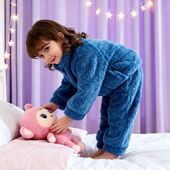 1-7T Toddler Little Boys Girls Winter Warm Fleece Clothes 2Pcs Kids Casual Thick Plush Zipper Jacket Coat with Pockets + Solid Long Pant Set