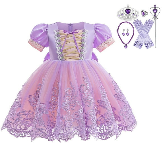 Princess Dress Costume for Girls Female Short Sleeve Detachable Bow Outfits w/Accessories