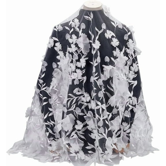 1.7Yards White 3D Flower Mesh Lace Fabric 46.4inch Floral Leaves Embroidery Tulle Sewing Lace Trim Fabrics