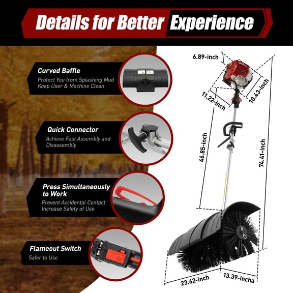 1.7kw / 2.3hp 52cc Gas Powered Hand Held Walk Behind Tractor Sweeper Broom Driveway Cleaning