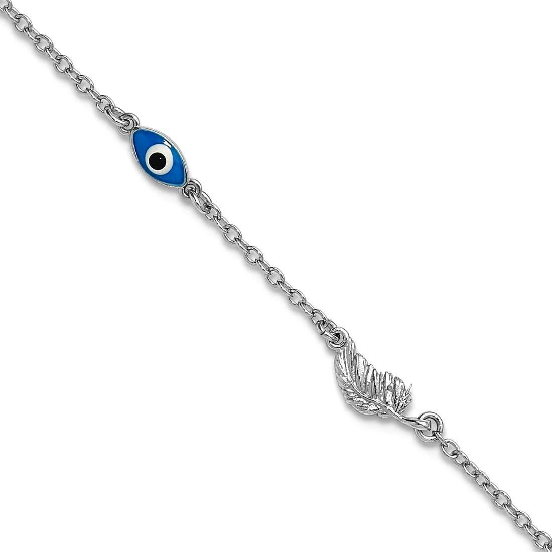 1.7mm 925 Sterling Silver Rhodium Plated Enamel Evil Eye With Leaf Plus 1in Extension Anklet 9 Inch Anklet for Women