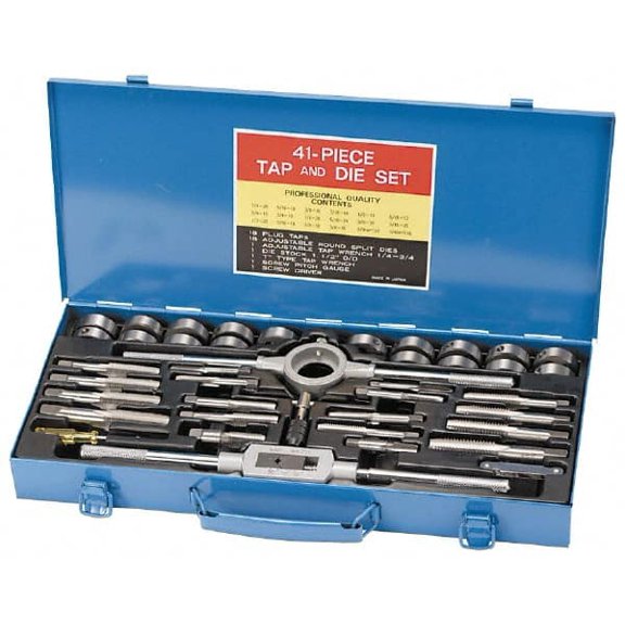 1/8-27 to 3/4-16 Tap, 1/4-20 to 3/4-16 Die, NPT, UNC, UNF, Tap and Die Set Bright Finish Carbon Steel, Carbon Steel Taps, Plug Taps, Adjustable 1-1/2" Hex Size, 41 Piece Set with Metal Case