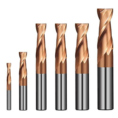 1/8" 3/16" 1/4" 5/16" 3/8" 1/2 2 Flute Carbide End Mill Bits Set - 6pcs Carbide Upcut CNC Spiral Router Milling Bits for Steel - Square Nose, TISIN Coated,Center Cutting$$Tools